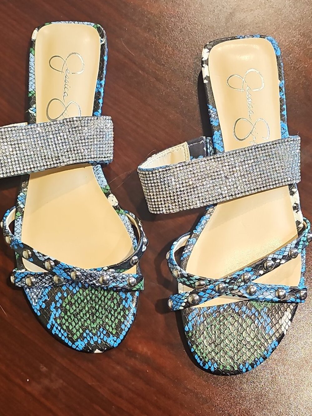 Jessica Simpson Slide Sandals Snake Print Rhinestone Strap Size 8